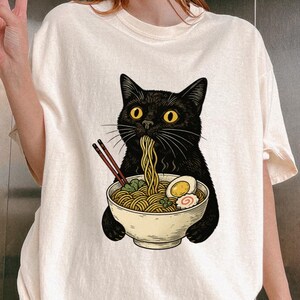 Noodle Cat Shirt, Ramen Cat T-Shirt, Foodie Lover Shirts, Black Cat Noodle T-Shirts, Retro Cat Tees, Cat Lover Sweatshirts, Black Cat Tee