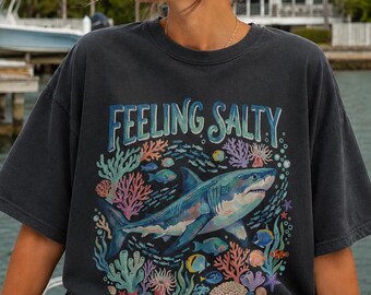 Feeling Salty Shirt, 100% Cotton Comfort Colors® Unisex Retro Summer Ocean Graphic Tee, Summer Coastal Sea Life Top, Beach Shark T-Shirt