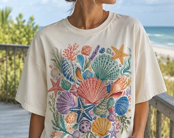 Vintage Seashells Tshirt Comfort Colors® Cotton Cottagecore Aesthetic Shirt Nautical Tee Ocean Swimsuit Coverup Oversized Coastal Surf Shirt