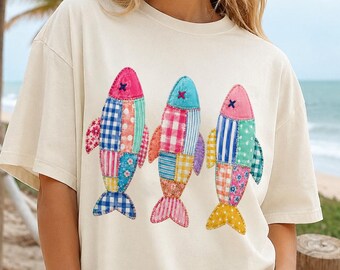 Comfort Colors® Summer Fish shirt, Patchwork Quilted print fish tee, Sardine Beach shirt, Vintage Tee. Cool Womens shirt. Summer Shirt.