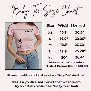 May include: A size chart for a youth-sized t-shirt, also known as a "baby tee". The chart shows the width and length measurements in inches for sizes XS, S, M, L, and XL. The t-shirt brand is Gildan 5000B.