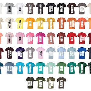 Peut inclure: Un tableau de 48 couleurs de t-shirts diff&eacute;rentes, avec le nom de la couleur imprim&eacute; en blanc sur chaque t-shirt.