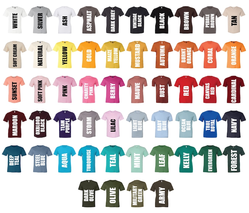 Peut inclure: Un tableau de 48 couleurs de t-shirts diff&eacute;rentes, avec le nom de la couleur imprim&eacute; en blanc sur chaque t-shirt.