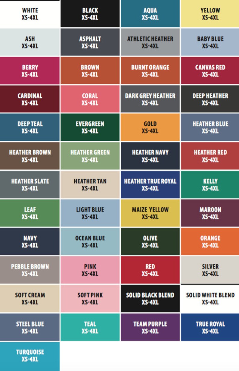 Op de afbeelding: Een kleurenkaart met verschillende t-shirtkleuren, elk gelabeld met de naam en maat XS-4XL. Kleuren zijn onder meer wit, zwart, aqua, geel, as, asfalt, athletic heather, babyblauw, bes, bruin, verbrand oranje en canvas rood.