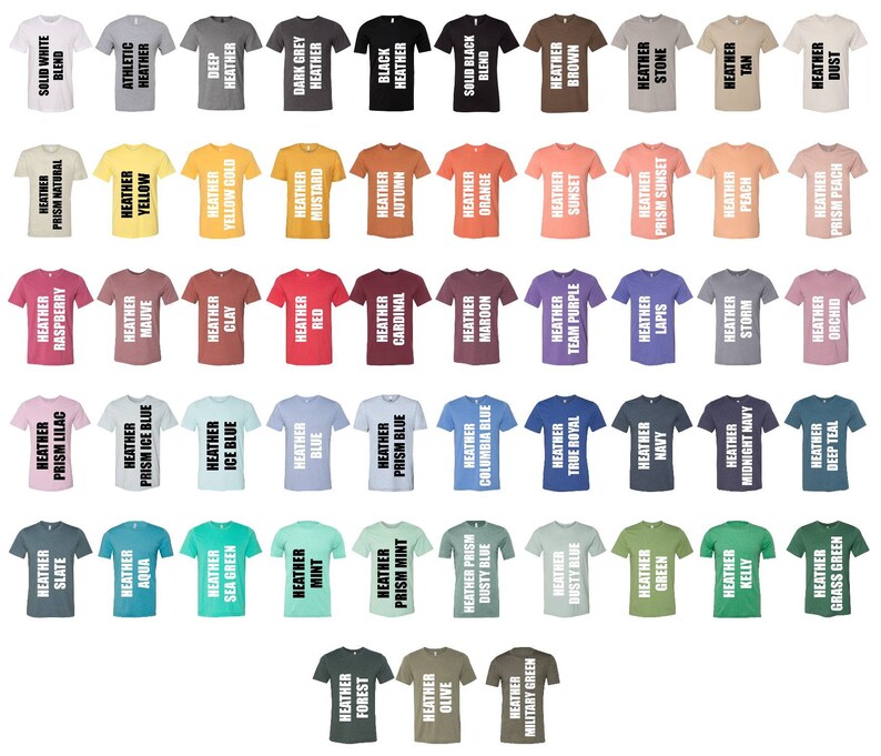 Puede incluir: Una colecci&oacute;n de camisetas de varios colores, cada una con un tono diferente y el nombre del color impreso en negro. Los colores incluyen gris jaspeado, negro, azul, verde y m&aacute;s. Las camisetas se muestran en filas y columnas.