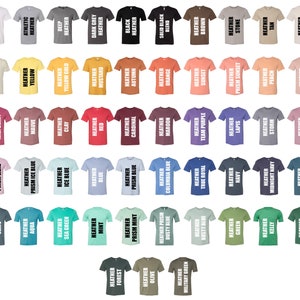 May include: A collection of short-sleeved crew neck t-shirts displayed in a grid, featuring a wide variety of solid and heathered colours. Each shirt is labelled with its specific colour name in bold white text, ranging from neutrals to brights.