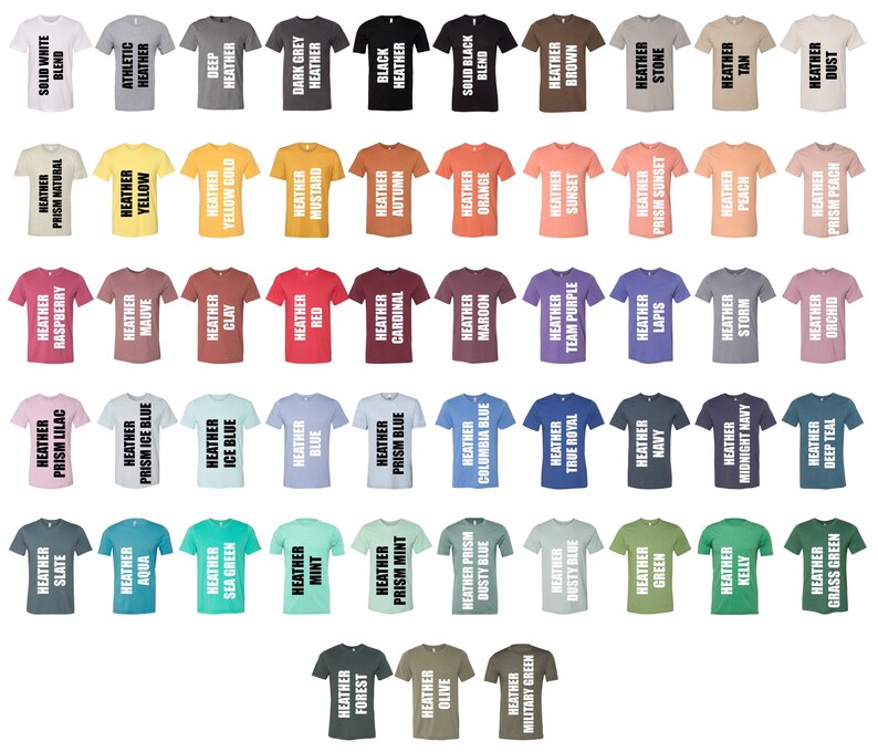 May include: A collection of short-sleeved crew neck t-shirts displayed in a grid, featuring a wide variety of solid and heathered colours. Each shirt is labelled with its specific colour name in bold white text, ranging from neutrals to brights.