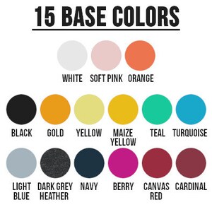 Może przedstawiać: Wykres kolor&oacute;w zatytułowany 15 BASE COLORS przedstawiający piętnaście okrągłych pr&oacute;bek oznaczonych jako white, soft pink, orange, black, gold, yellow, maize yellow, teal, turquoise, light blue, dark grey heather, navy, berry, canvas red oraz cardinal red.