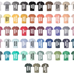 Peut inclure: Un tableau de 60 t-shirts de diff&eacute;rentes couleurs avec du texte d&eacute;crivant la couleur de chaque t-shirt. Les t-shirts sont dispos&eacute;s en rang&eacute;es de six.