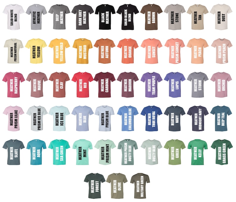 May include: A chart of 48 different colored t-shirts with text describing the color of each shirt. The text is white and the shirts are arranged in rows of 8.