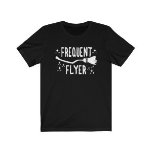 May include: Black t-shirt with a white graphic of a broom and the text "Frequent Flyer".