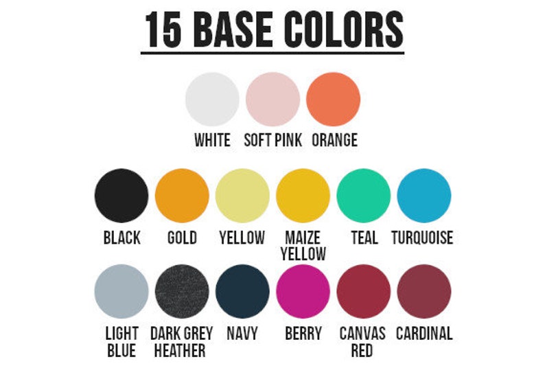 K&ouml;nnte beinhalten: Ein Diagramm mit 15 verschiedenen Grundfarben f&uuml;r Kleidung. Die Farben sind in drei Reihen mit jeweils f&uuml;nf Farben angeordnet. Die Farben sind: Wei&szlig;, Rosa, Orange, Schwarz, Gold, Gelb, Maisgelb, T&uuml;rkis, T&uuml;rkis, Hellblau, Dunkelgrau meliert, Marineblau, Beere, Leinenrot und Kardinalrot.