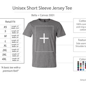 Op de afbeelding: Een heather grijze unisex T-shirt met korte mouwen. Gemaakt van 100% gekamd en ringgesponnen katoen. Kenmerken zijn zijnaden en schoudertaping. De afbeelding toont ook een maattabel en een kleurenkaart.
