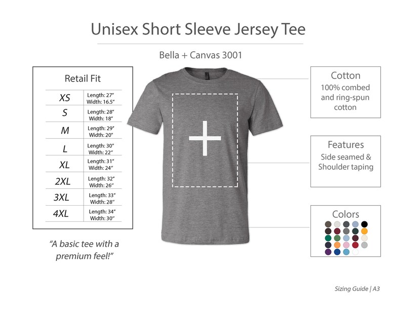 Op de afbeelding: Een heather grijze unisex T-shirt met korte mouwen. Gemaakt van 100% gekamd en ringgesponnen katoen. Kenmerken zijn zijnaden en schoudertaping. De afbeelding toont ook een maattabel en een kleurenkaart.