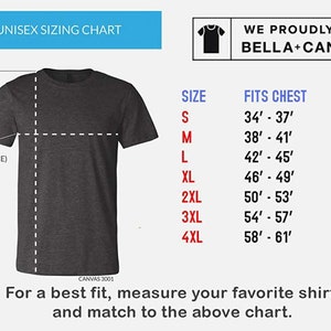 May include: A charcoal grey unisex t-shirt sizing chart featuring a Bella+Canvas 3001 graphic. The chart displays sizes S through 4XL with corresponding chest measurements from 34 to 61 inches and lengths from 28 to 34 inches, including dashed lines.
