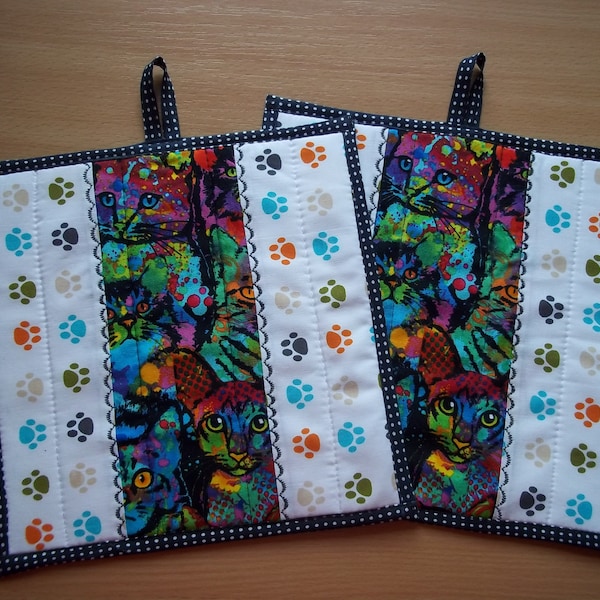 Katzen Pfoten Topflappen 2er Set Patchwork Baumwolle Zierstich