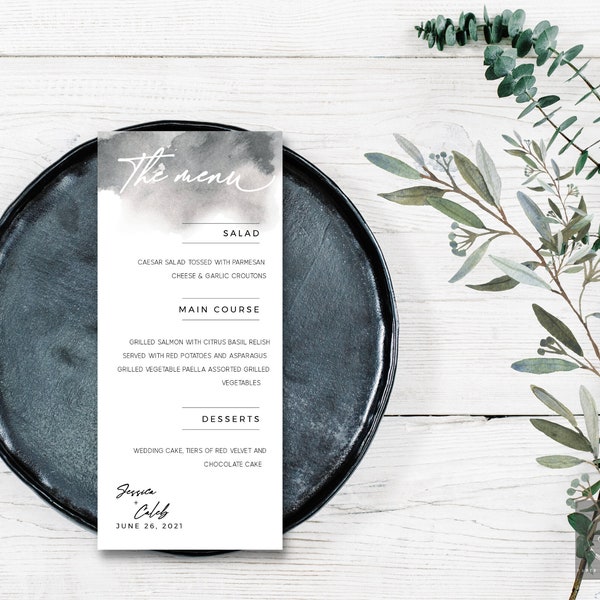 Watercolor Wedding Menu Template, Gray, Instant Download, Printable Dinner Menu Card, DIY, Editable Instant Download, Templett, #MEREDITH