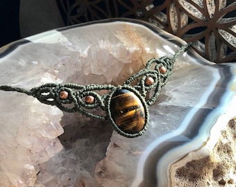 Macrame Choker Necklace with Tiger Eye Gemstone and Pearls