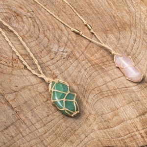 Macrame necklace with gemstone aventurine and rose quartz rock crystal serpentine citrine