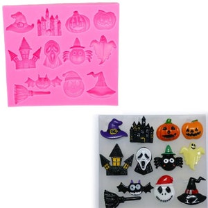 Halloween Fondant Mold Silicone Mold Pumpkin Witch Hat Bat Castle Broom Ghost Mold Halloween Sweet Making Cake Decorating Tools Silicone