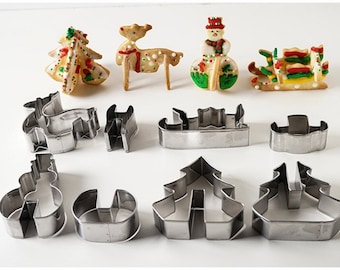 Juego de cortadores de galletas navideñas para hacer galletas 3D Cortadores de acero inoxidable Árbol de Navidad Trineo Reno Muñeco de nieve