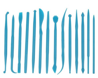May include: A set of 16 blue plastic sculpting tools for crafting and modeling clay. The tools have various shapes and sizes for creating different textures and details.