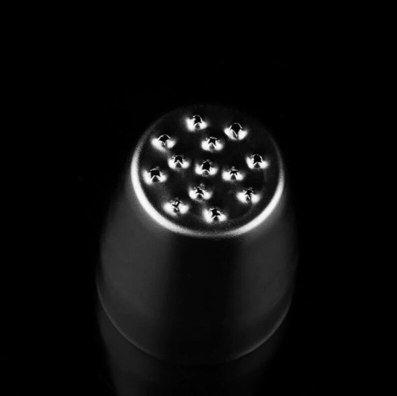 May include: A silver metal piping tip with a star-shaped opening. The tip is designed for decorating cakes and pastries.