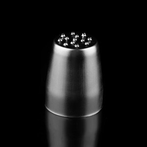 May include: A silver metal piping tip with a round base and a top with multiple small, pointed tips.