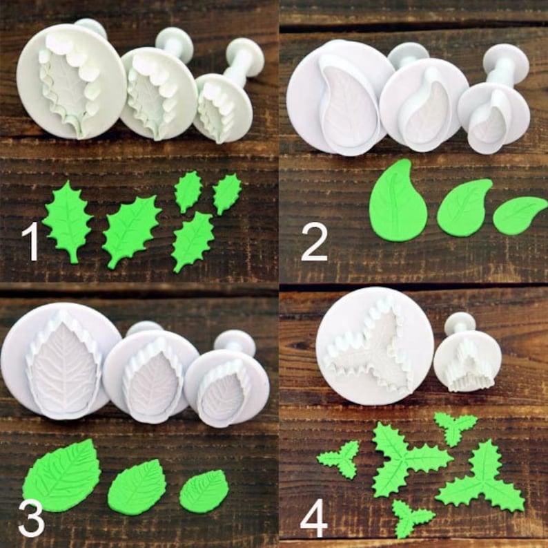 4 Different Leaves Cutters, Rose Leaves Cutters, Holly Leaves Cutters, Fondant Cutters, Cake