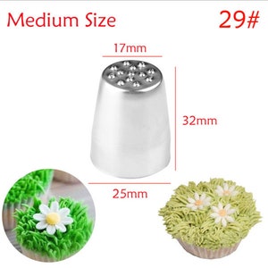 May include: A silver metal piping tip with a round, domed top and a star-shaped pattern of small holes. The tip is 17 mm in diameter, 32 mm tall, and 25 mm wide. The tip is shown next to two cupcakes decorated with green frosting and white flowers.