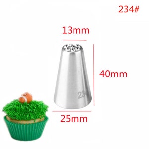 May include: A silver metal piping tip with a star-shaped opening. The tip is 13 mm in diameter, 40 mm in height, and 25 mm in width. The tip is labeled "234".
