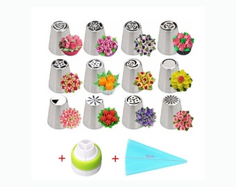 Icing Tips Set Piping Nozzles Set Stainless Steel Russian Icing Tips 14 pieces set Cake Decorating Tools Buttercream Decorations Cake Decor