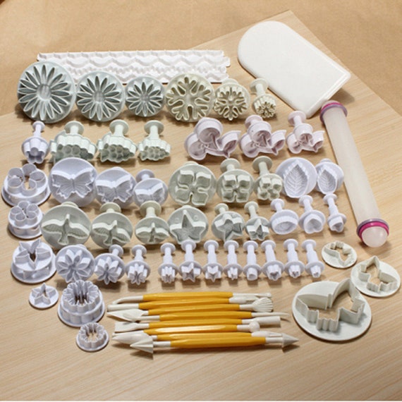 Flower Cutters Fondant Tools 68 Pieces Plunger Cutter Set Fondant Smoother  Borders Cutter Cake Decorating Tools Rolling Pin 