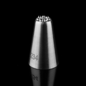 May include: A silver metal piping tip with a star-shaped opening and the number 234 engraved on the side.