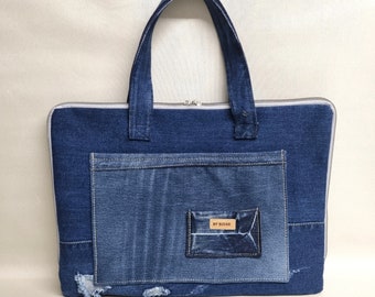 upcycling Laptoptasche aus einer getragenen Jeans mit Reißverschluß und Henkeln