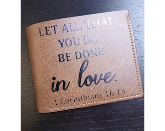 Brown Bifold Wallet Bible Verse Corinthians 16:14 Let All You Do Be Done In Love