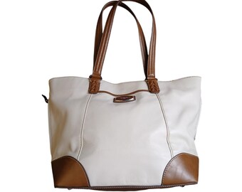 Tignanello Leather Tote Bag Cream Brown Two Tone Shoulder Bag Braided Accents