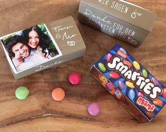 Gastgeschenk - Papierbanderole für Smartie Packung Hochzeit / Taufe / geburtstag10 Gastgeschenke Hochzeit Smarties