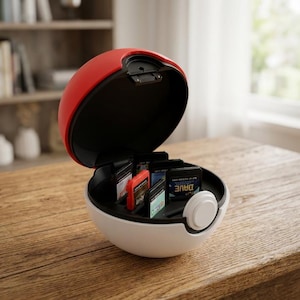 Può includere: Una custodia sferica rossa e bianca progettata per assomigliare a una Poké Ball, dotata di un coperchio incernierato aperto e un vassoio interno nero con diversi scomparti contenenti cartucce per videogiochi, inclusa una con l'etichetta DAVE.
