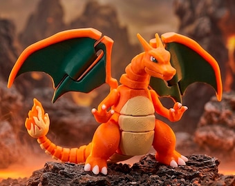 3D Printed Articulated Charizard | Flexi Flame Beast Figure with Optional Dragon Egg | Gamer Desk Decor | Fantasy Fidget Toy Gift