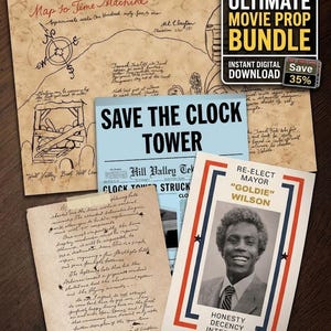 May include: A 4-in-1 movie prop bundle featuring a vintage-style map titled Map to Time Machine, a Hill Valley Telegraph newspaper clipping with the headline Save the Clock Tower, a handwritten letter, and a Re-Elect Mayor Goldie Wilson campaign flyer.