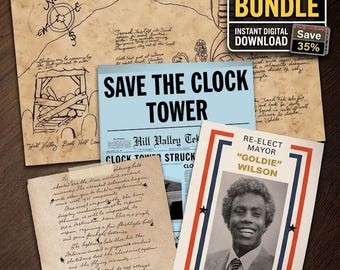 Time Travel Movie Prop Bundle PDF | Clock Tower Flyer, Delorean Mine Map, Repair Letter, Goldie Wilson Poster Printable Cosplay Kit
