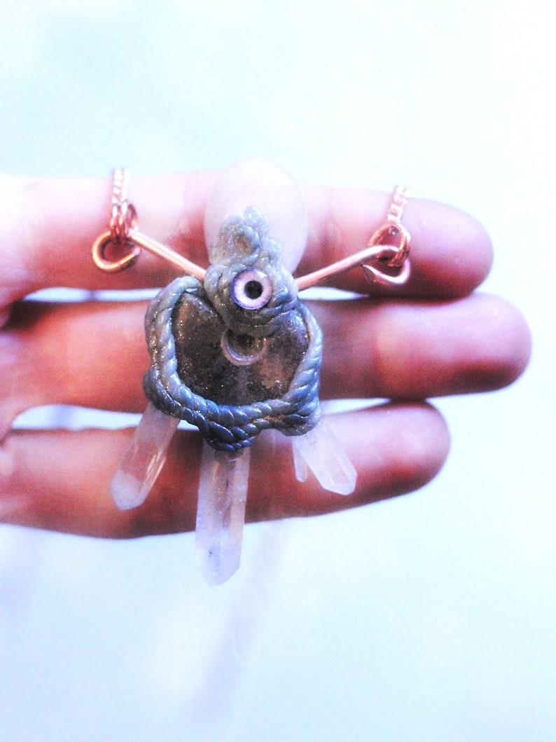 trippy necklace Energy healing crystal necklace Ammonite /& Quartz Moon Goddess amulet with Moonstone Third eye chakra protection amulet