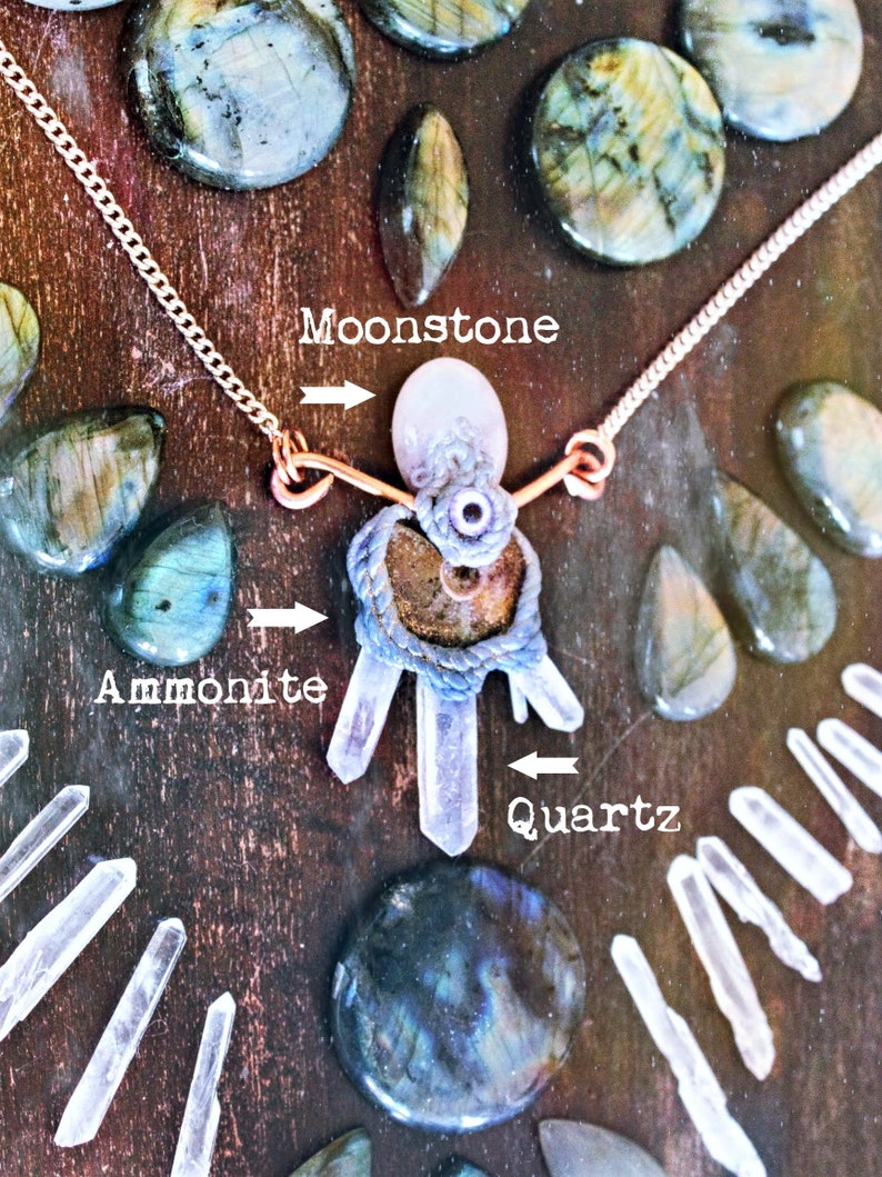 trippy necklace Energy healing crystal necklace Ammonite /& Quartz Moon Goddess amulet with Moonstone Third eye chakra protection amulet