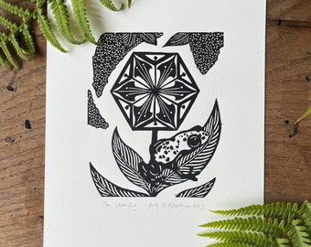 Frog Linocut Print: Origami Flower, Limited Edition