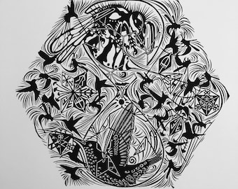 Hummingbird & Wasp Linocut Print: Signed Limited Edition