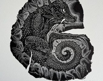 Yggdrasil Wood Engraving: Ash Tree Dragon Art Print