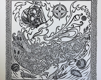 Pittenweem Linocut Print: East Neuk Scotland Coastal Village Map – Pictish Dragon, Ship, Shells