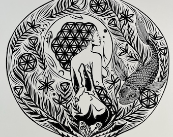 Moonchild Linocut Print: Woman in Vase, Sacred Geometry