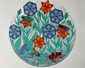 Colour linocut print of frogs